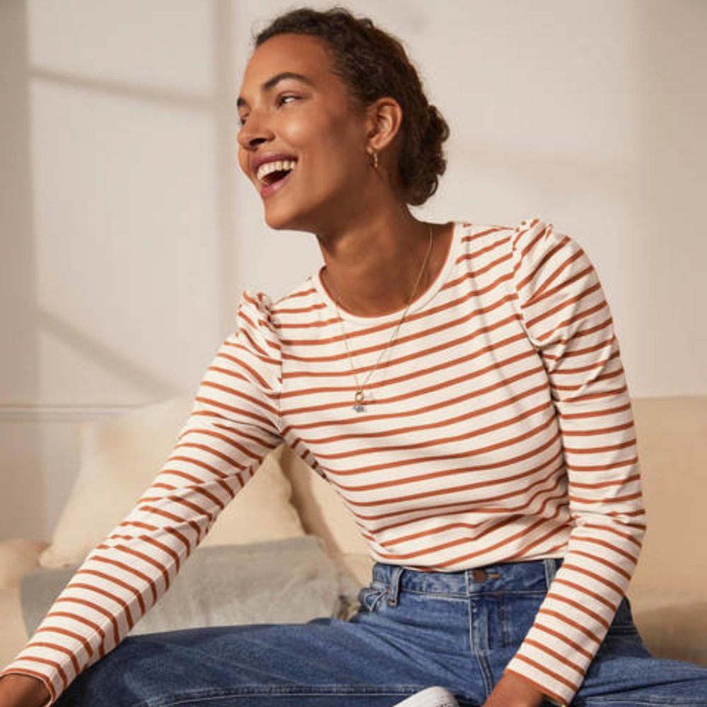 Boden Long Sleeve Imogen Breton in Ivory/ Rust Top